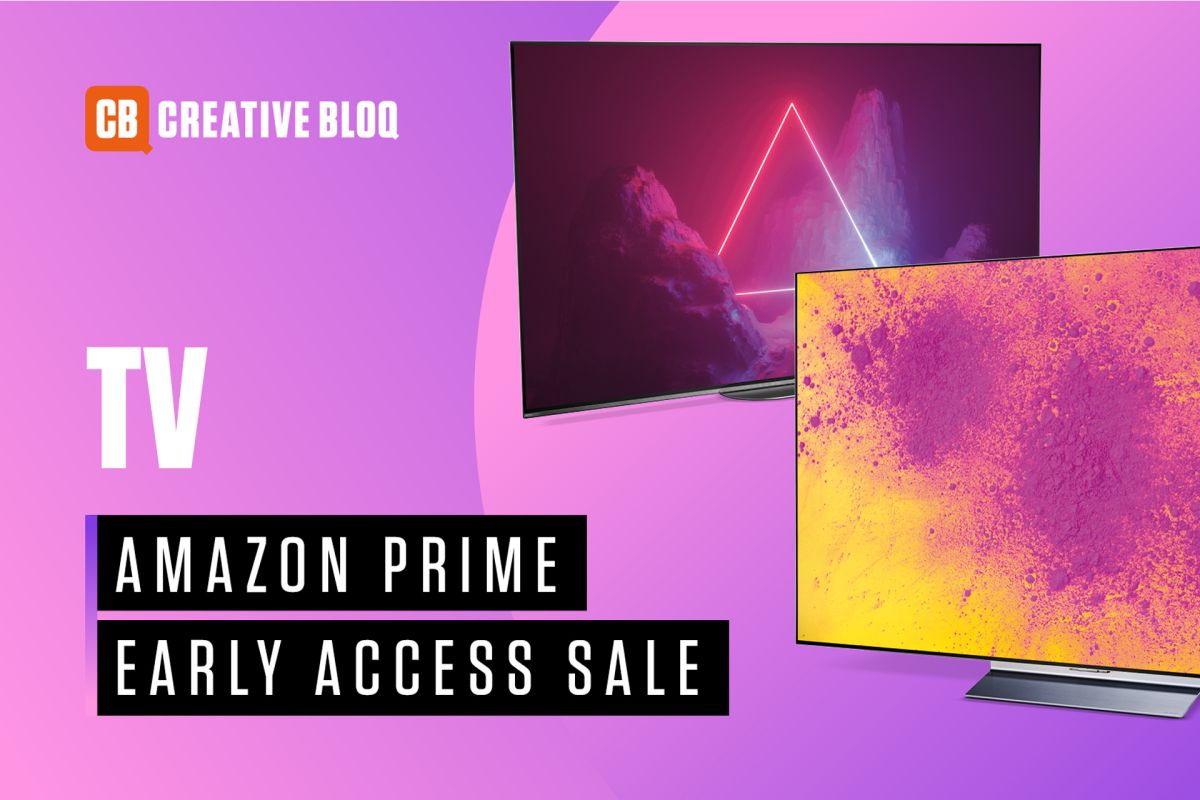 Two TVs on a purple background for Prime Day 2.