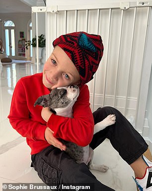 A Boy and His Dog: In one, Adonis snuggled up to a small gray and white dog