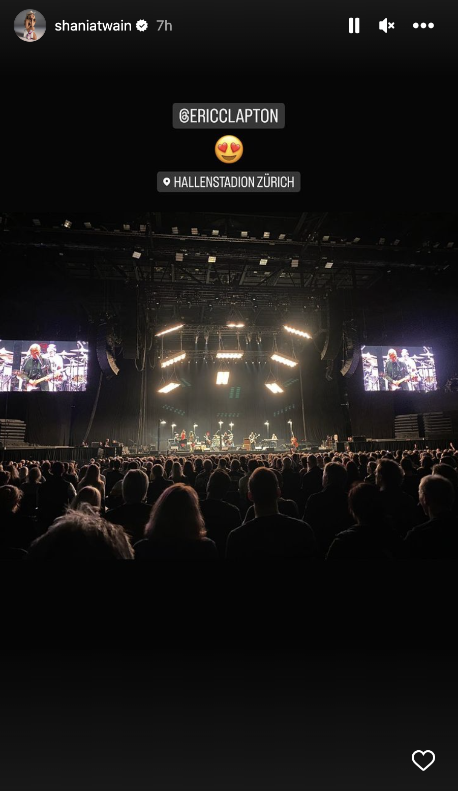 Twain shared a snap of her view of the stage during Eric Clapton's show in Zurich on October 14.  (Photo via @shaniatwain on Instagram)