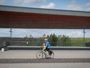 A cyclist takes a few minutes of practice near the open-air stage at Frederic-Back Park in Montreal. 