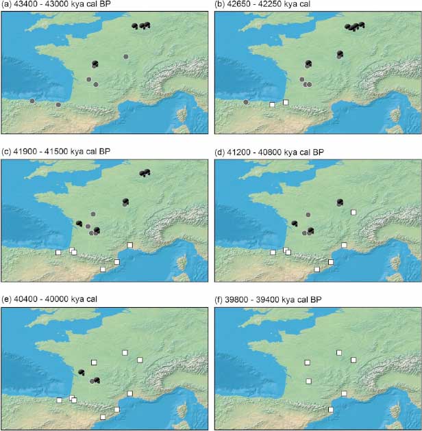 Geographical appearance of dated occurrences for the Châtelperronian (grey circles - Neanderthal stone tools), Protoaurignacian (white squares - Homo sapiens stone tools), and directly dated Neanderthals (black skulls) in the study region between 43,400 (a) and 39,400 (f) years cal BP .  (Djakovic, I., Key, A. & M. Soressi / Nature 2022)