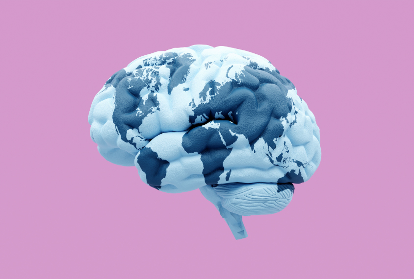 Brain with a two-dimensional world map applied to its surface against a burnt pink background.