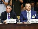 Witnesses Hockey Canada President and Chief Operating Officer Scott Smith, left, and Hockey Canada Chief Financial Officer Brian Cairo appear before the Standing Committee on Canadian Heritage in Ottawa on Wednesday, July 27, 2022, investigating how Hockey Canada has dealt with sexual assault allegations and a subsequent lawsuit. 