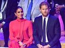 Meghan, Duchess of Sussex and Prince Harry, Duke of Sussex attend the annual One Young World Summit at Bridgewater Hall in Manchester in north-west England on September 5, 2022. 