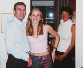 Prince Andrew, Virginia Roberts Giuffre and socialite Ghislaine Maxwell in a photo taken in March 2001, according to Giuffre.