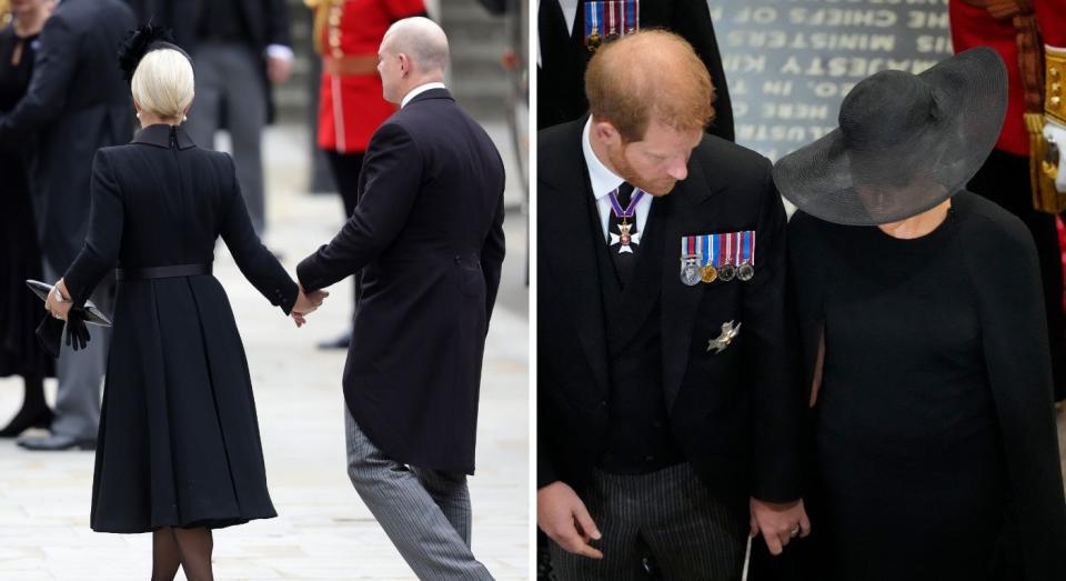 Zara and Mike (L) and Meghan and Harry (R) both held hands at the Queen's state funeral in September.  (Getty Images)