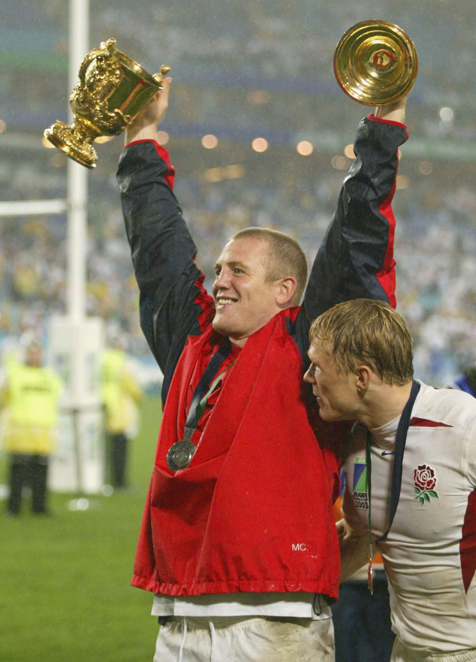 SYDNEY, AUSTRALIA - NOVEMBER 22: Mike Tindall of England celebrates after England won the Rugby World Cup Final match between Australia and England at Telstra Stadium on November 22, 2003 in Sydney, Australia.  (Photo by Daniel Berehulak/Getty Images)