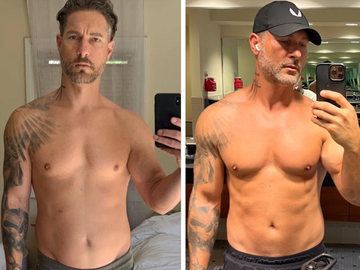 The before and after photo shows what happened when a 42-year-old male model underwent testosterone therapy to build muscle and energy