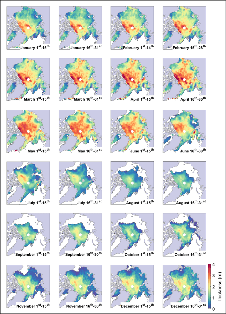 A mosaic of 24 graphics shows maps of sea ice thickness in the Arctic;  Each of the graphs shows ice fluctuations at bi-monthly intervals through 2019.