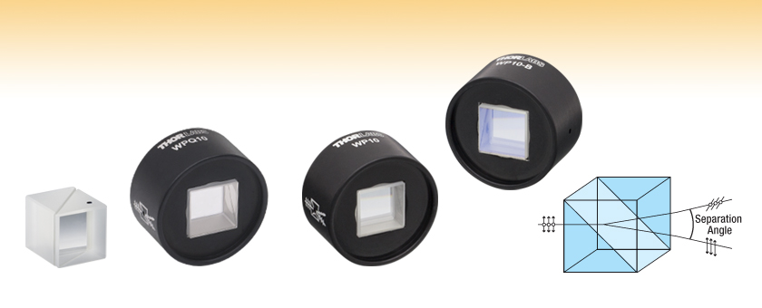 Three genuine Wollaston Prism optics that look like black pucks with a clear cube in the middle.  Plus a diagram showing how the cube splits light into 2 states of polarization