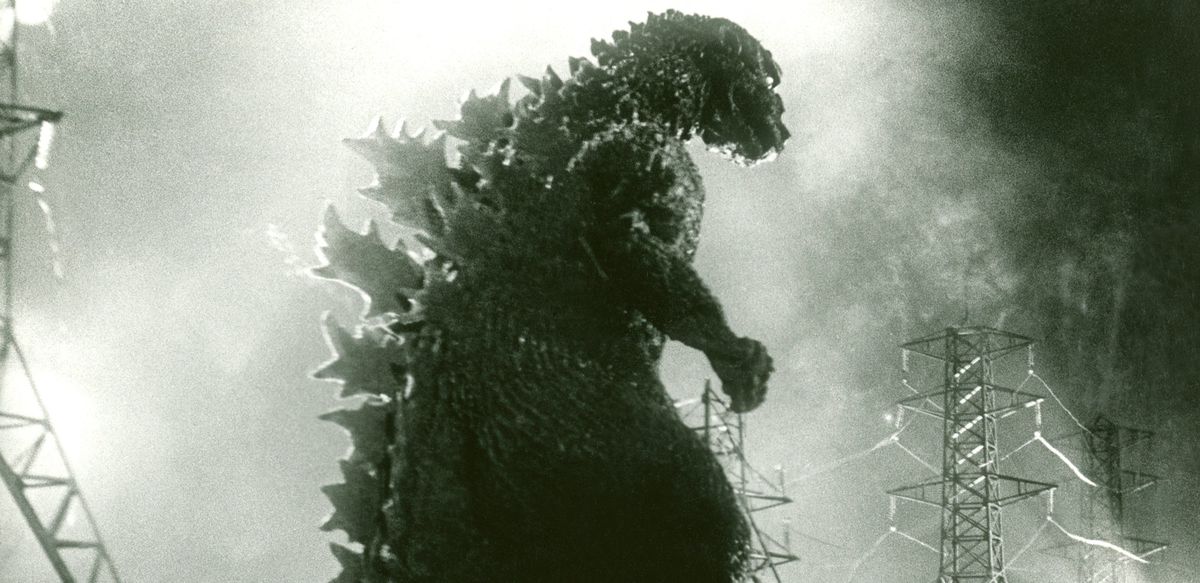 The 1954 Godzilla about to destroy some power lines