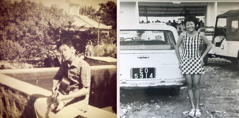 On the left a man holds a guitar.  On the right a woman in front of a car.