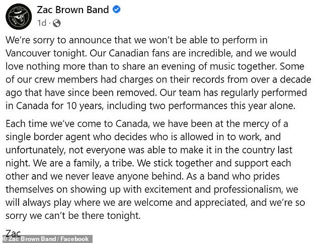 'We stand together': Zac Brown posted a statement on the band's Facebook page explaining the logistics behind the cancellation of Friday's show in Vancouver, British Columbia, Canada