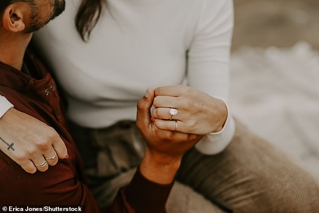 Close-up: The couple showed off their new ring, which featured a very large diamond