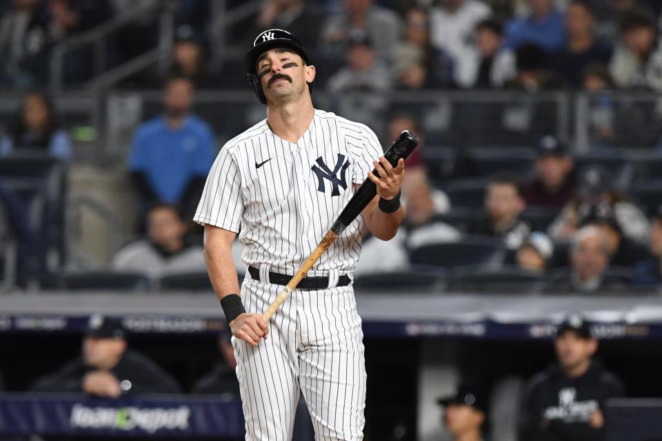 10/22/2022;  Bronx, New York, USA;  New York Yankees designated hitter Matt Carpenter (24) scores in the seventh inning in game three of the ALCS for the 2022 MLB Playoffs against the Houston Astros at Yankee Stadium.  Mandatory Credit: Dennis Schneidler-USA TODAY Sports