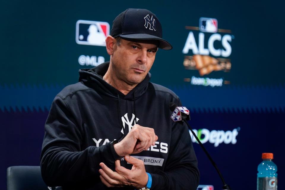 New York Yankees coach Aaron Boone.  (AP Photo/Seth Little)