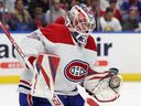 Montreal Canadiens goaltender Sam Montembeault (35) makes a save in the second half against the Buffalo Sabers at the KeyBank Center on October 27, 2022 in Buffalo, NY.