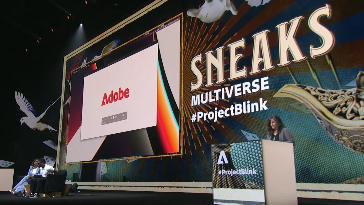 Woman speaking on Adobe Max stage