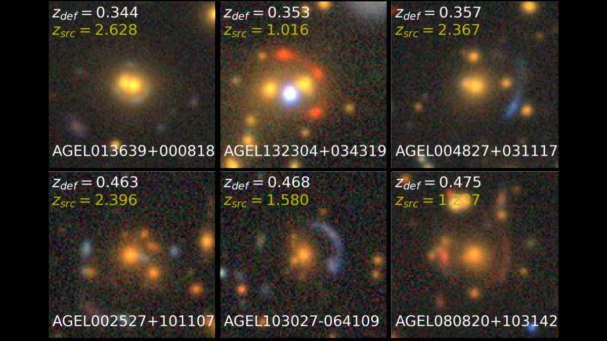 six panels show fuzzy galaxies, some warped