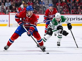 Canadians defenseman Arber Xhekaj (72) plays the puck at the blue line against the Dallas Stars during the first half at the Bell Center in Montreal on Saturday, October 22, 2022.