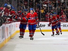 Montreal Canadiens defenseman Arber Xhekaj celebrates with teammates after scoring his first NHL career second-half goal against the Dallas Stars on Saturday, October 22, 2022 at Bell Center.