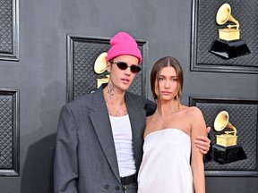 Justin and Hailey Bieber attend the Grammy Awards in Las Vegas on April 3, 2022.