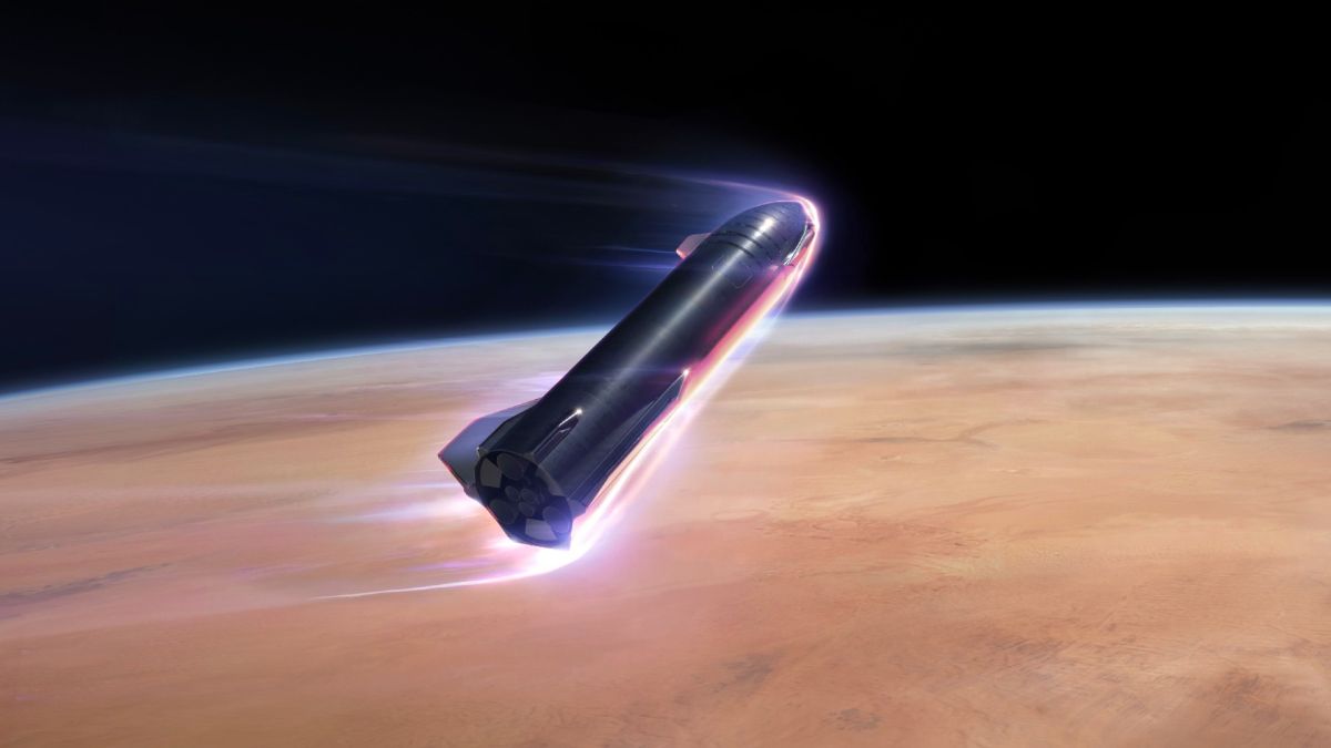 An illustration of a SpaceX Starship entering Mars