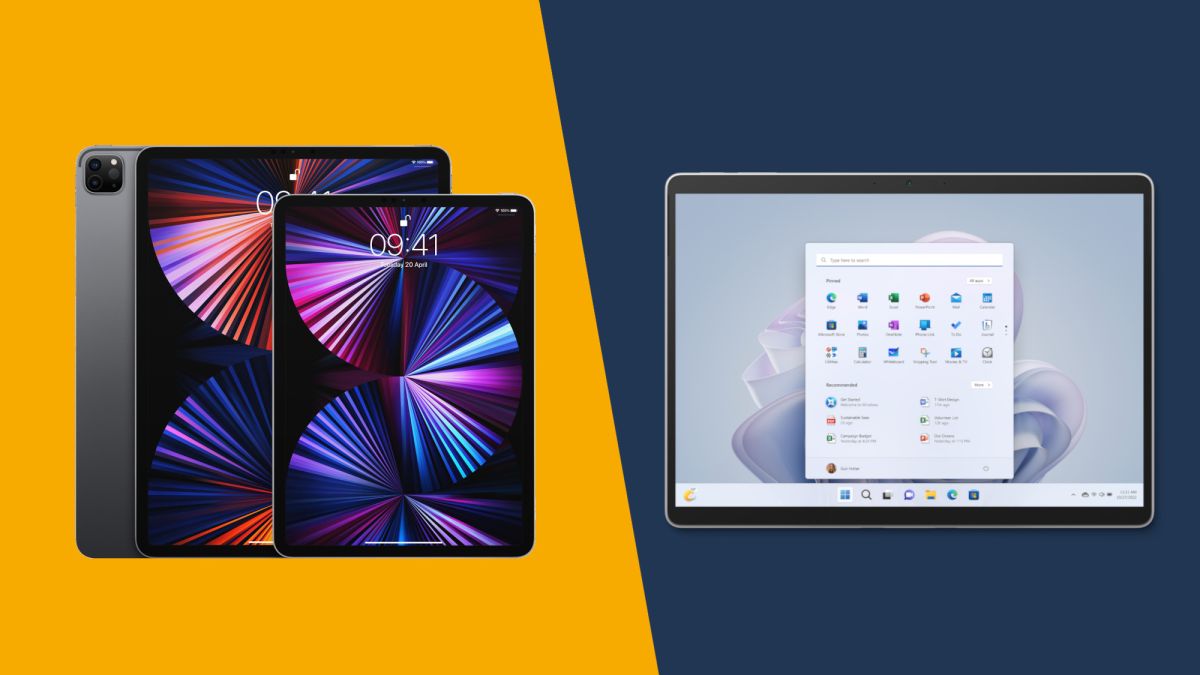 Apple iPad Pro M1 and Microsoft Surface Pro 9 side-by-side on a yellow and blue background.