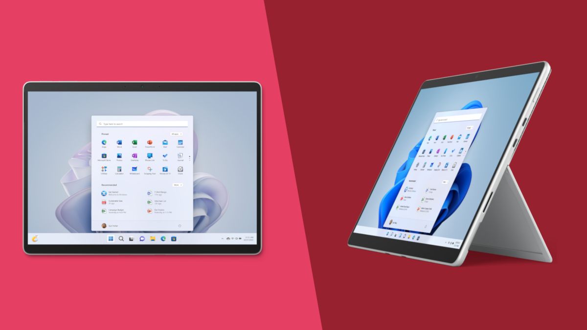 Microsoft Surface Pro 9 and Surface Pro 8 shown side-by side on a pink and red background.