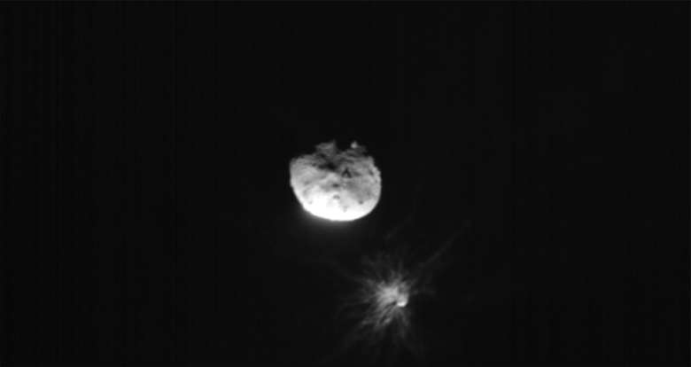 A gray rock floating in the air on a dark background