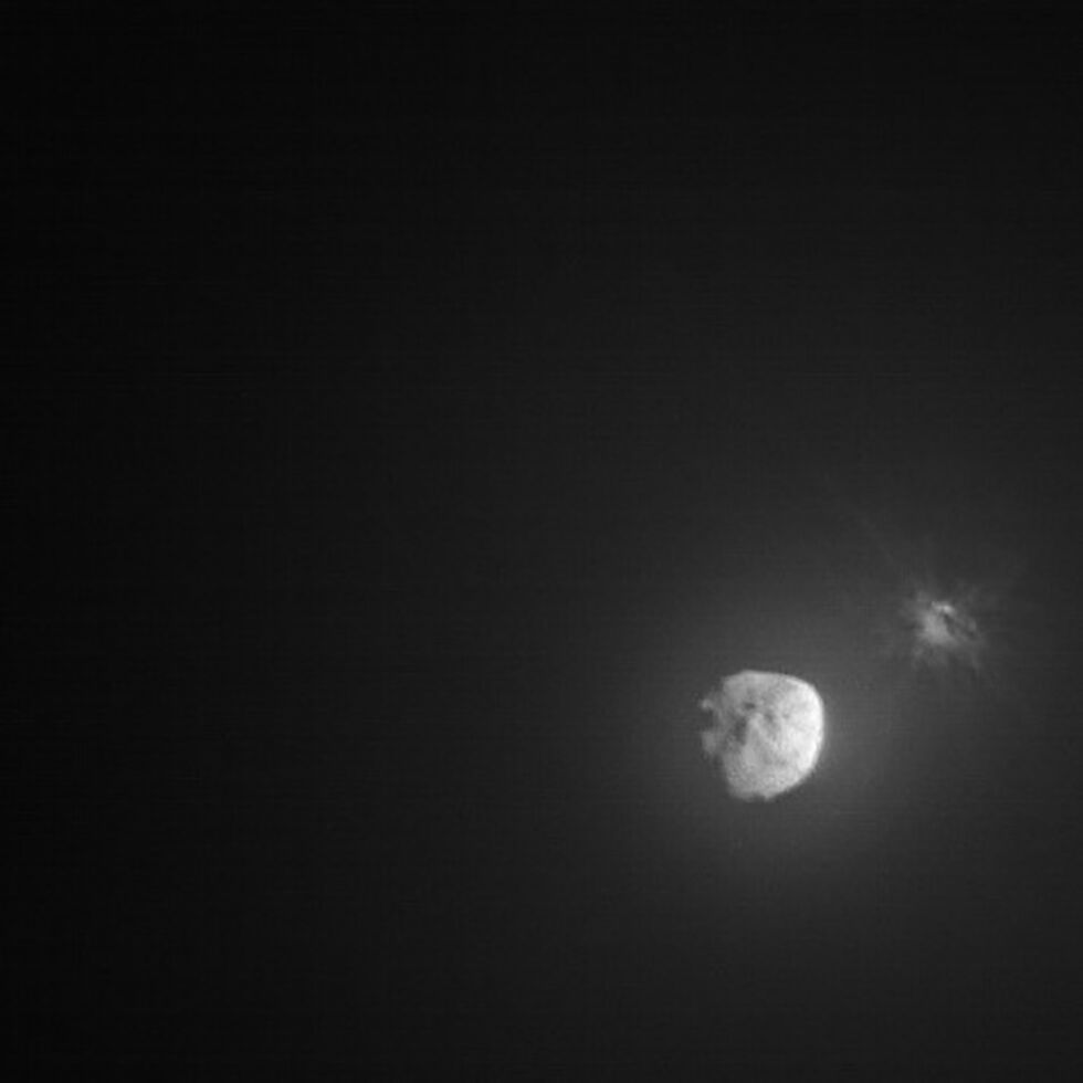 A more distant view of the aftermath of the collision, showing that Dimorphos looks a bit blurry due to all the material that was ejected after the collision.