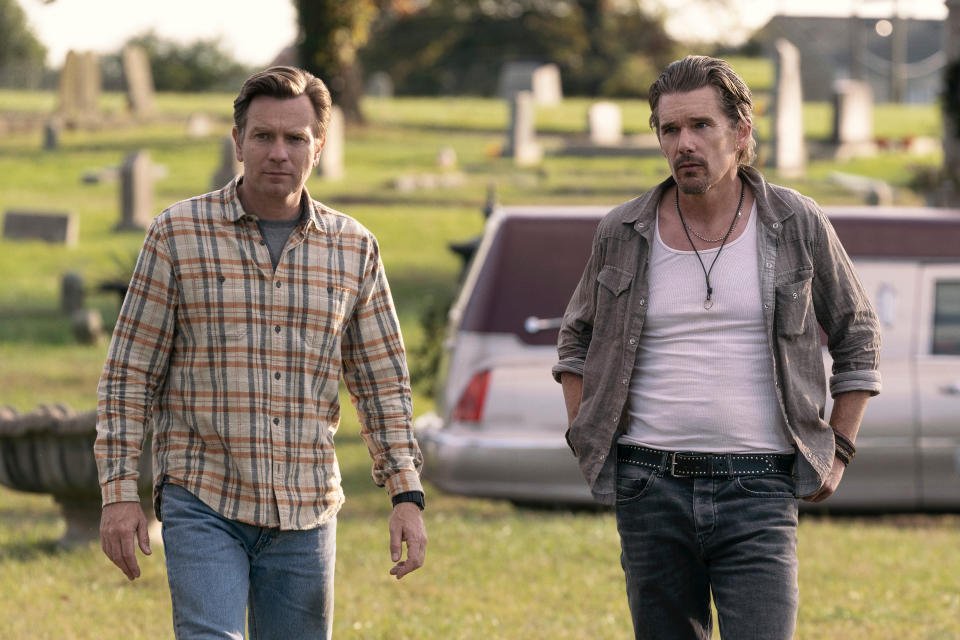 Ewan McGregor (left) and Ethan Hawke walk in 