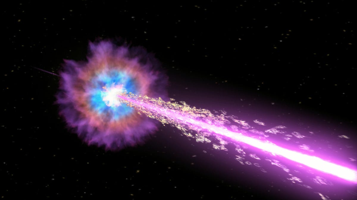 An illustration depicting the GRB.  A bright purple neon beam erupts from a blue, dusty pink and neon purple supernova.