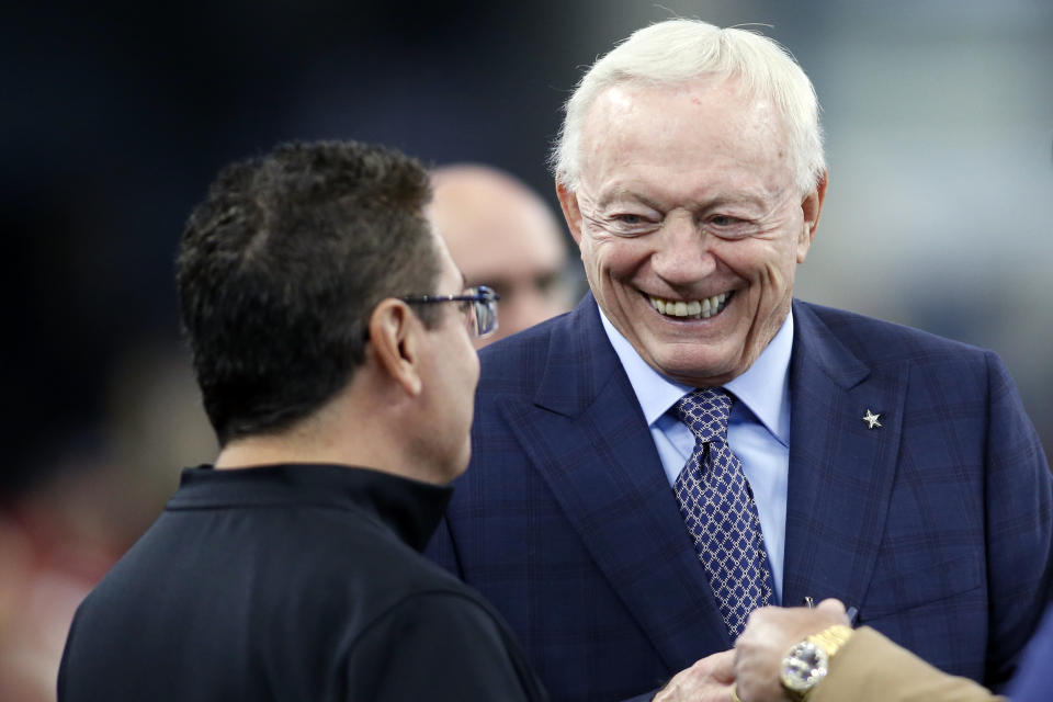 Dallas Cowboys owner Jerry Jones and Daniel Snyder have a long-standing relationship that has reportedly faltered with Snyder holding onto ownership of the Washington Commanders.  (Photo by Tim Heitman-USA TODAY Sports)