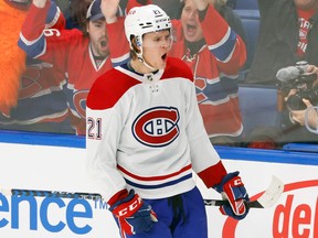 Montreal Canadiens defenseman Kaiden Guhle celebrates after scoring in the third period against the Sabers in Buffalo October 27, 2022.