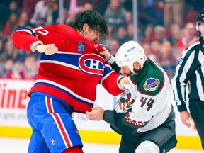 The Canadiens' Arber Xhekaj beat Arizona's Zack Kassian in the second period of Thursday night's 6-2 win over the Coyotes at the Bell Center.