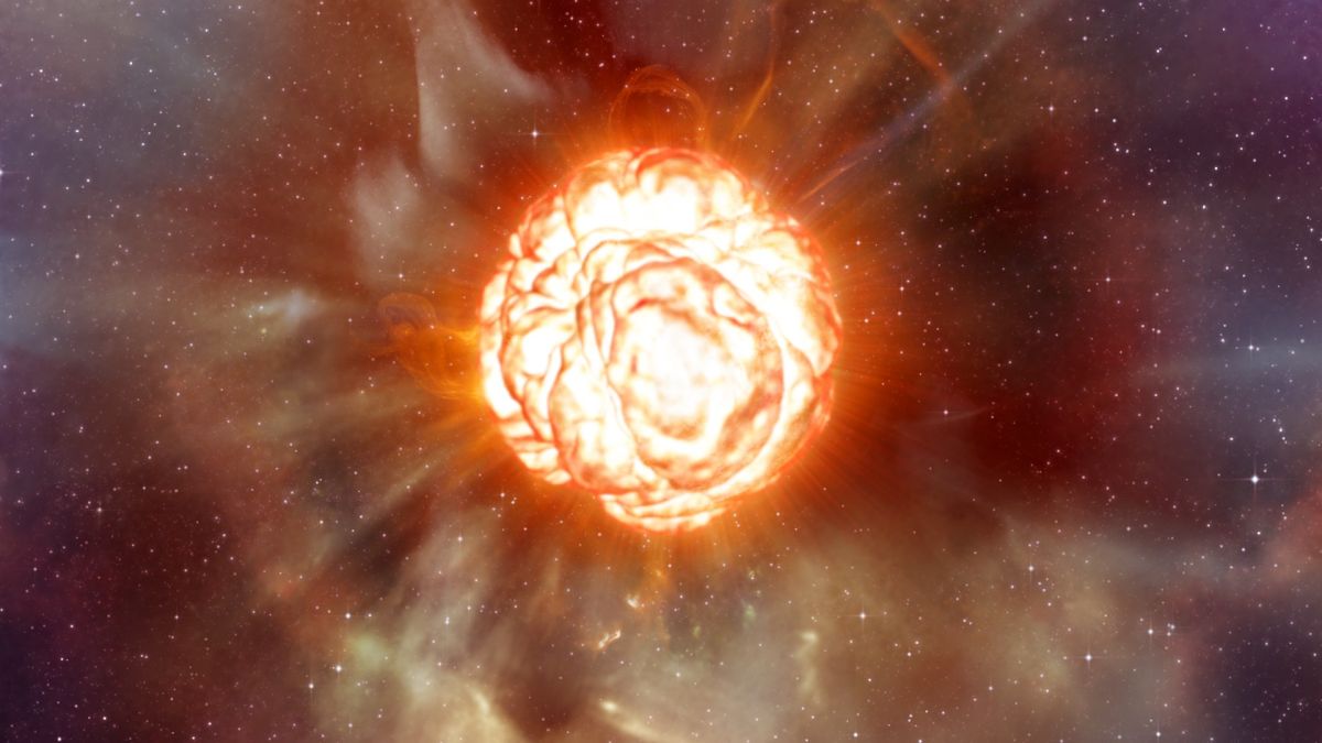 An illustration of the red giant star Betelgeuse as it goes supernova.