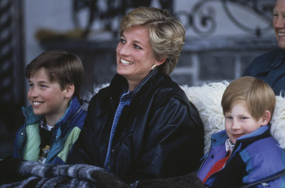 Princess Diana (1961-1997) with her sons Prince William (left) and Prince Harry on a skiing holiday in Lech, Austria March 30, 1993. (Photo by Jayne Fincher/Princess Diana Archive/Getty Images)