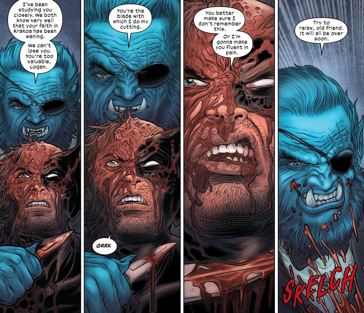 Beast and Wolverine exchange barbs before Beast cuts Wolverine's throat in Wolverine #27 (2022).