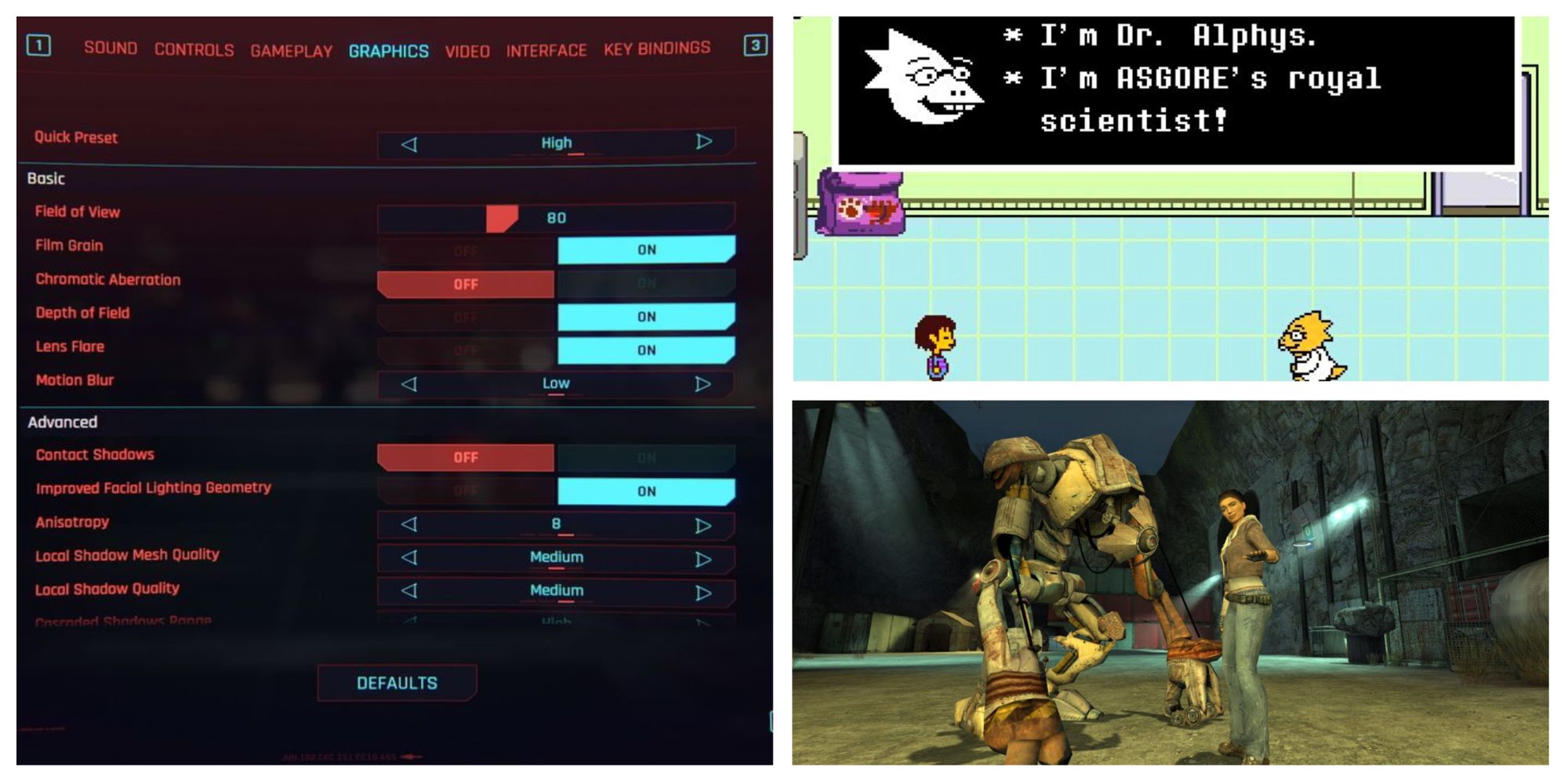 Left: Graphics menu for Cyberpunk 2077. Top-Right: A scene from Undertale with Dr. Alphys. Bottom-right: Dog and Alex from Half-Life 2.