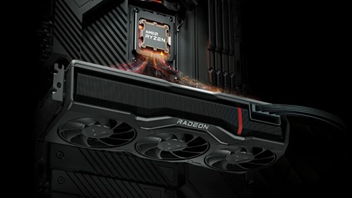 A CG rendering of an RDNA 3 graphics card in a PC with an AMD Ryzen 7000 CPU.